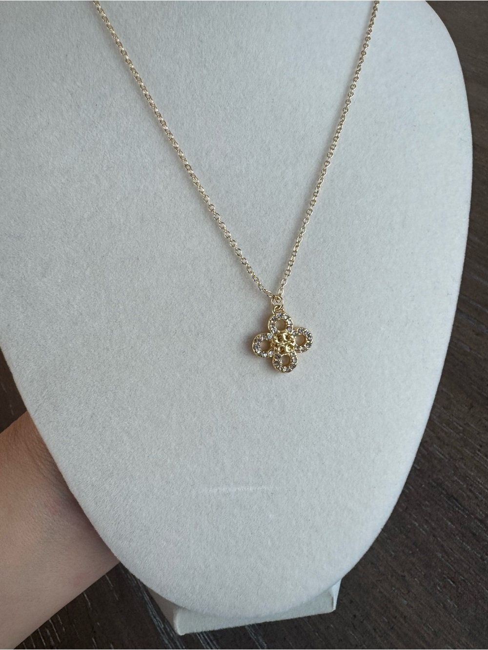 18 inches Tory Burch Gold Clover Pendant with T logo and pave stones